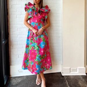 Sugarlips Vibrant Pink and Blue Floral Midi Dress